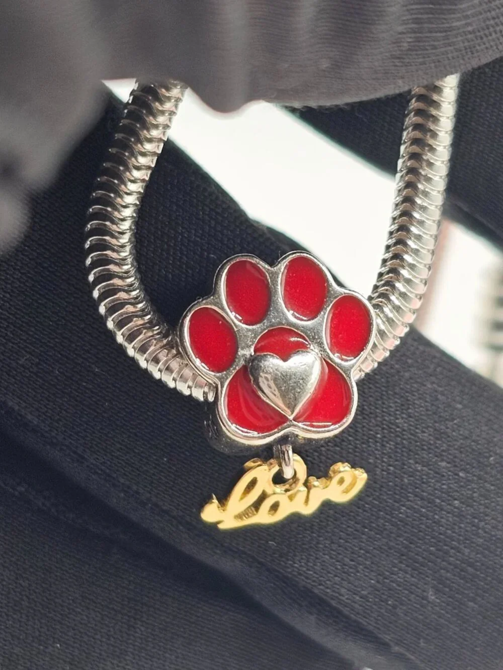 Sterling Silver 925 Rhodium Plated Red Paw with Heart and Dangling Love Charm